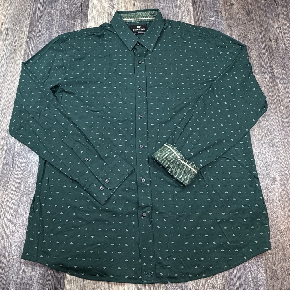 Buttercloth Button Up Shirt Mens 3XL Green Micro Print Stretch Long Sleeve Soft‎